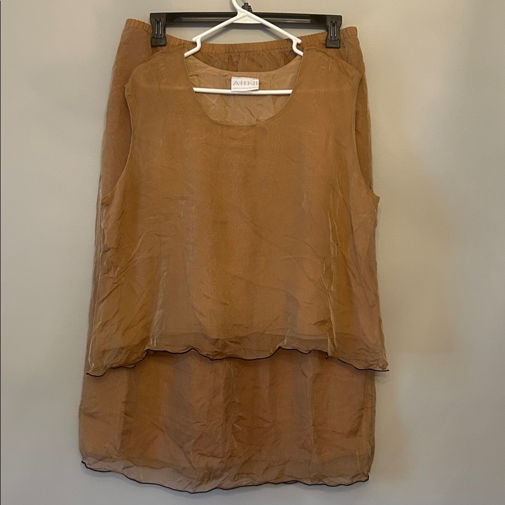 AHNI Silk Tank and Skirt Set, Size 3 or XL, Light Brown with Black Trim